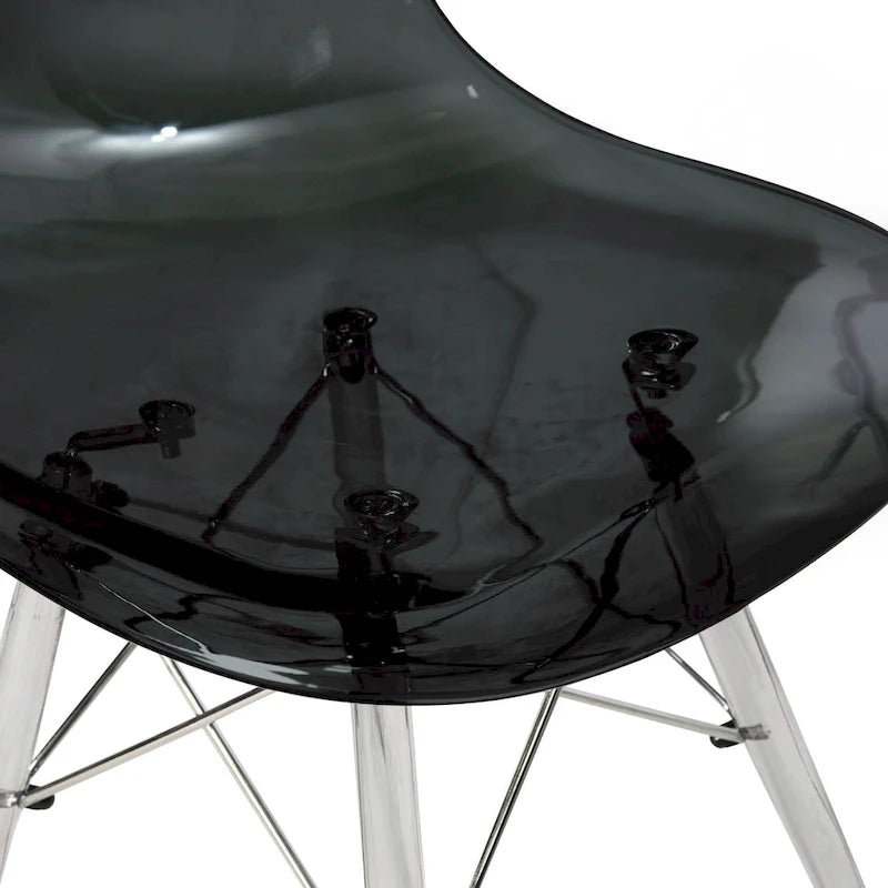 Silla de comedor auxiliar con carcasa de acrílico transparente/cristalino y patas metálicas tipo Eiffel, individual