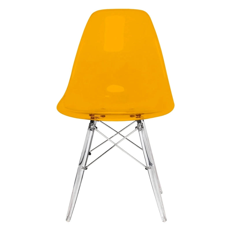 Silla de comedor auxiliar con carcasa de acrílico transparente/cristalino y patas metálicas tipo Eiffel, individual