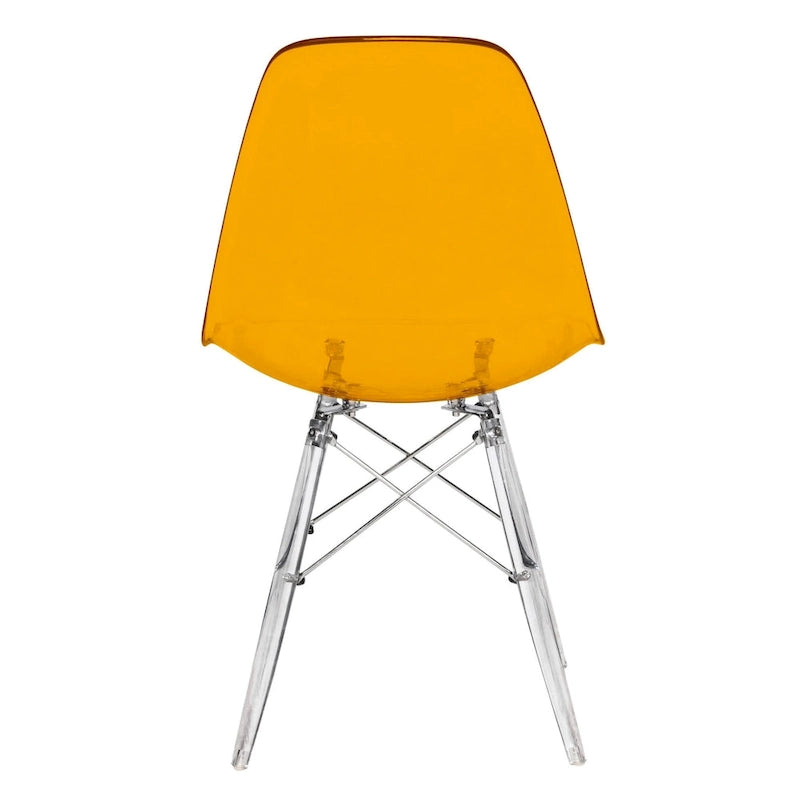Silla de comedor auxiliar con carcasa de acrílico transparente/cristalino y patas metálicas tipo Eiffel, individual