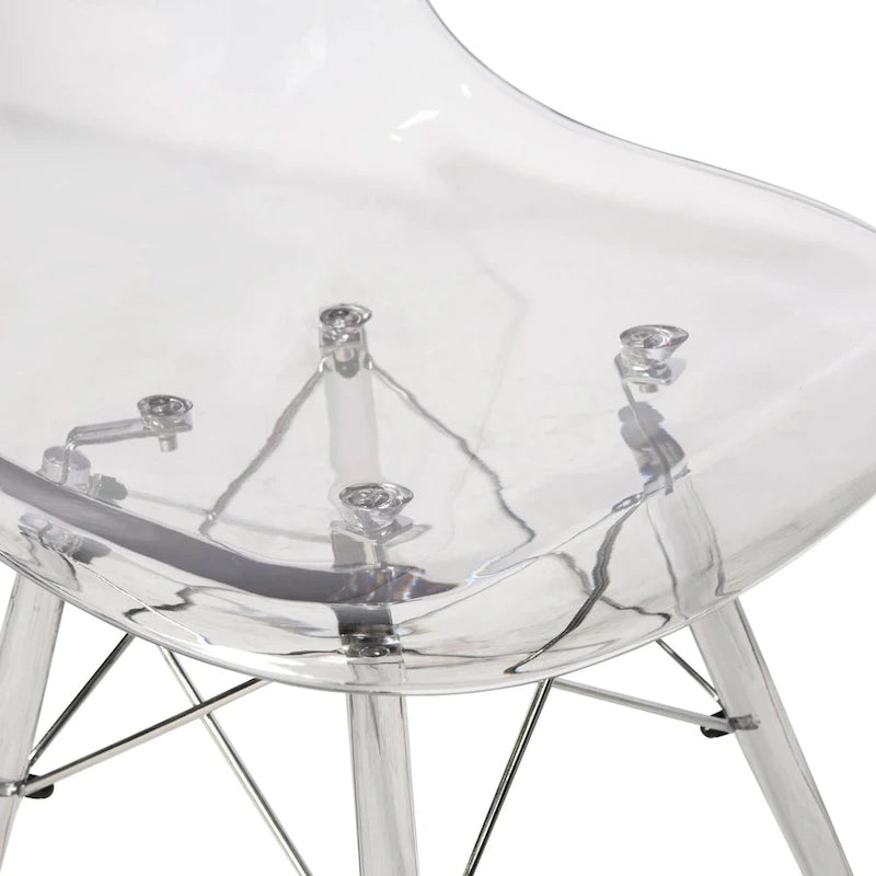 Silla de comedor auxiliar con carcasa de acrílico transparente/cristalino y patas metálicas tipo Eiffel, individual