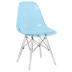 Silla de comedor auxiliar con carcasa de acrílico transparente/cristalino y patas metálicas tipo Eiffel, individual