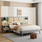 Cama Queen Gris con Mesitas de Noche y Lámparas de Cabecero, Compatible con 1