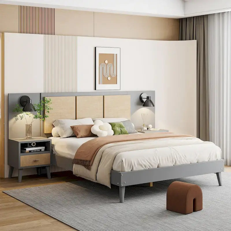 Cama Queen Gris con Mesitas de Noche y Lámparas de Cabecero, Compatible con 1