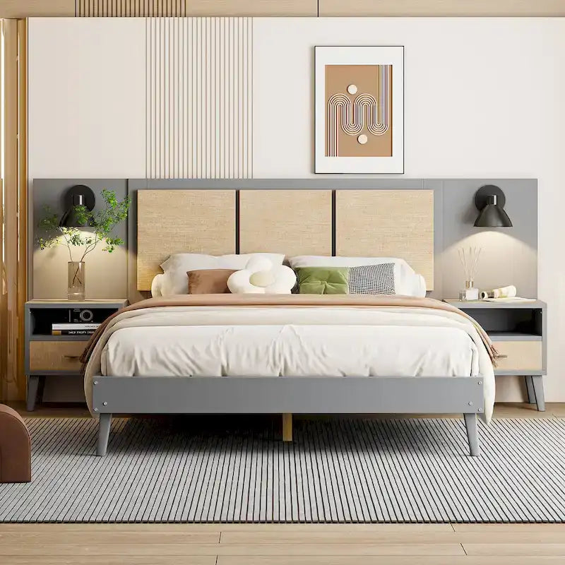 Cama Queen Gris con Mesitas de Noche y Lámparas de Cabecero, Compatible con 1