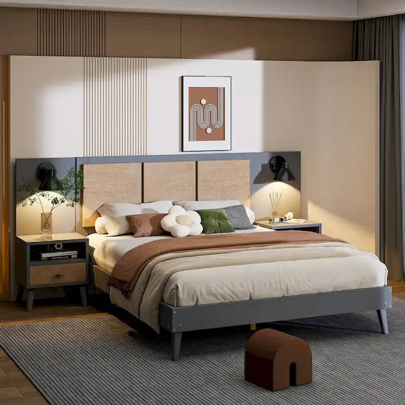 Cama Queen Gris con Mesitas de Noche y Lámparas de Cabecero, Compatible con 1