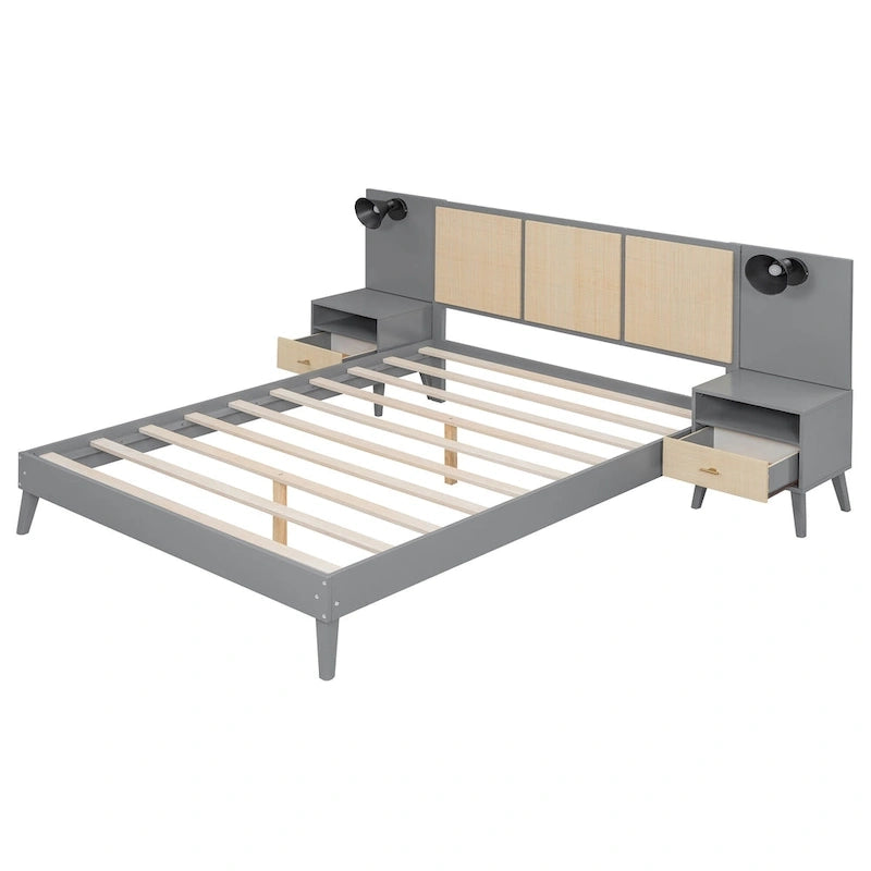 Cama Queen Gris con Mesitas de Noche y Lámparas de Cabecero, Compatible con 1