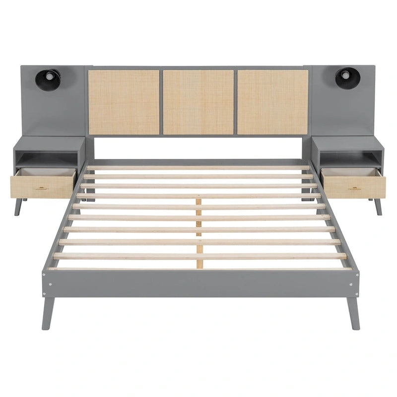 Cama Queen Gris con Mesitas de Noche y Lámparas de Cabecero, Compatible con 1
