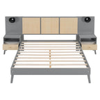 Cama Queen Gris con Mesitas de Noche y Lámparas de Cabecero, Compatible con 1