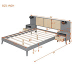 Cama Queen Gris con Mesitas de Noche y Lámparas de Cabecero, Compatible con 1