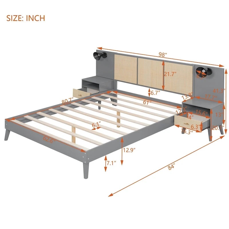 Cama Queen Gris con Mesitas de Noche y Lámparas de Cabecero, Compatible con 1