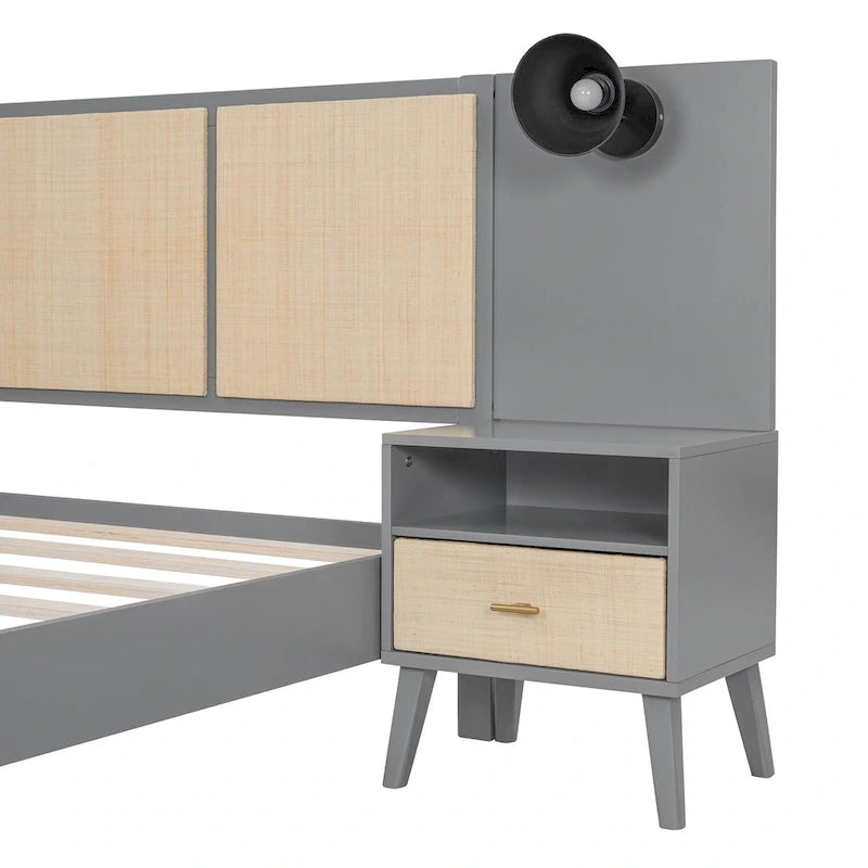 Cama Queen Gris con Mesitas de Noche y Lámparas de Cabecero, Compatible con 1
