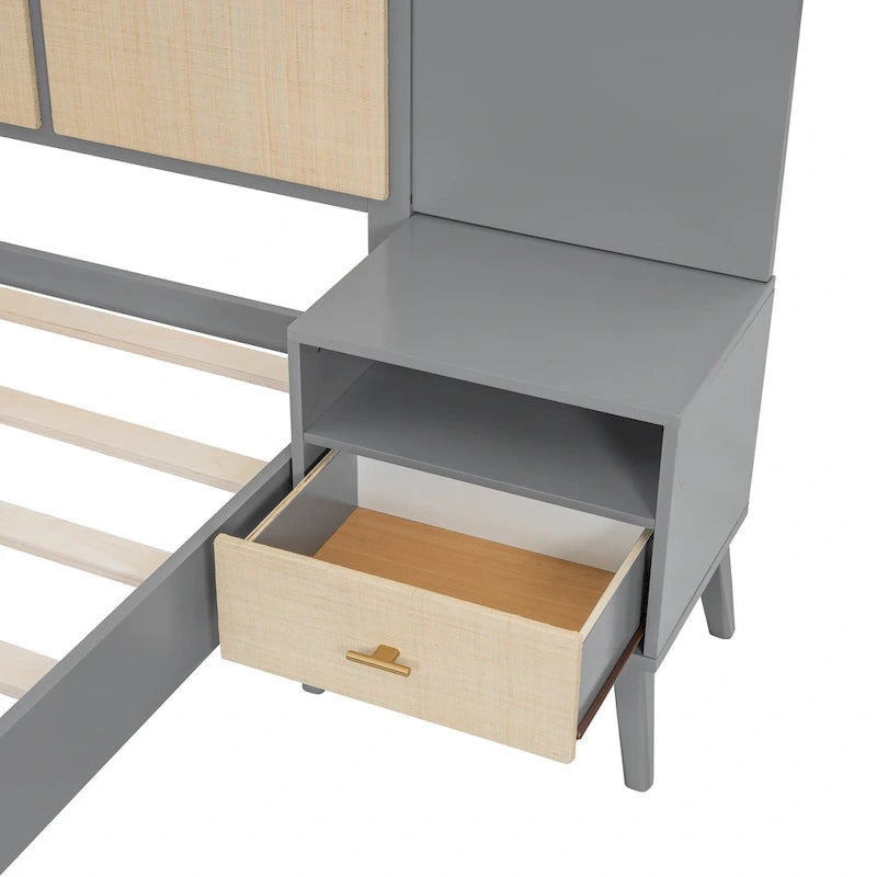 Cama Queen Gris con Mesitas de Noche y Lámparas de Cabecero, Compatible con 1