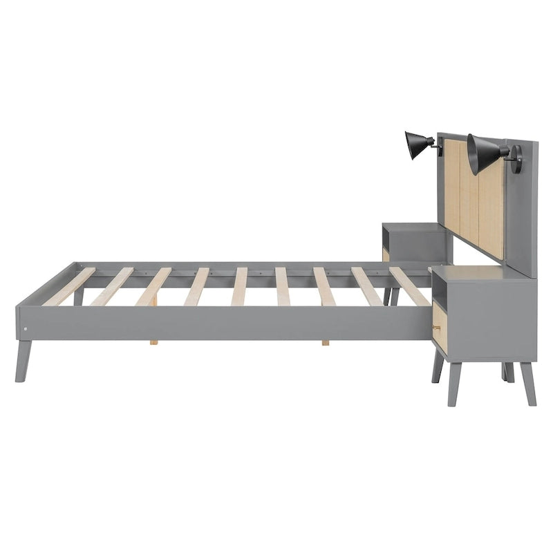 Cama Queen Gris con Mesitas de Noche y Lámparas de Cabecero, Compatible con 1