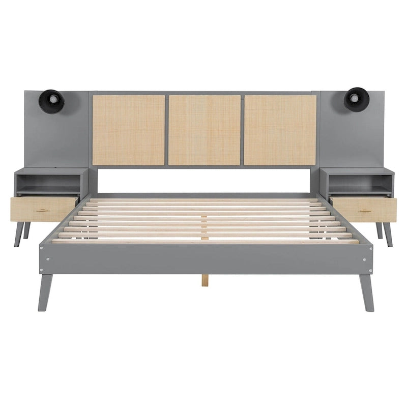Cama Queen Gris con Mesitas de Noche y Lámparas de Cabecero, Compatible con 1