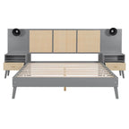 Cama Queen Gris con Mesitas de Noche y Lámparas de Cabecero, Compatible con 1