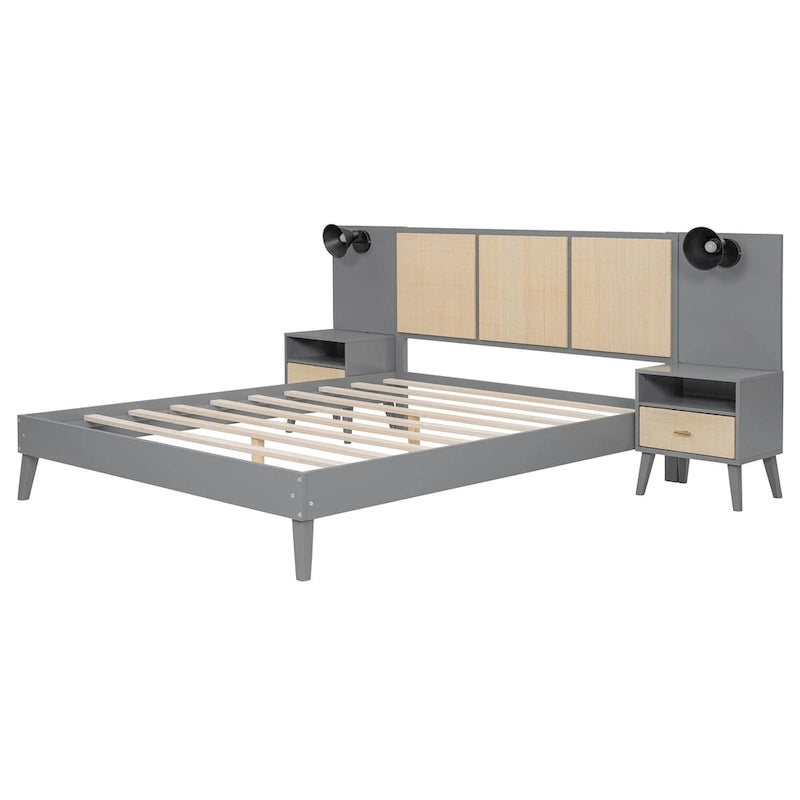 Cama Queen Gris con Mesitas de Noche y Lámparas de Cabecero, Compatible con 1