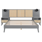 Cama Queen Gris con Mesitas de Noche y Lámparas de Cabecero, Compatible con 1
