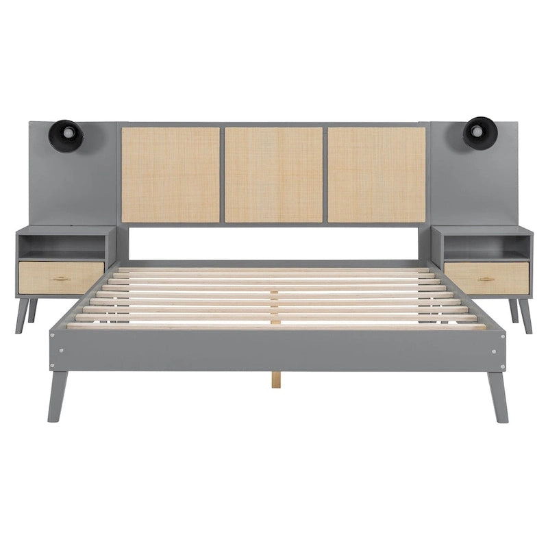 Cama Queen Gris con Mesitas de Noche y Lámparas de Cabecero, Compatible con 1