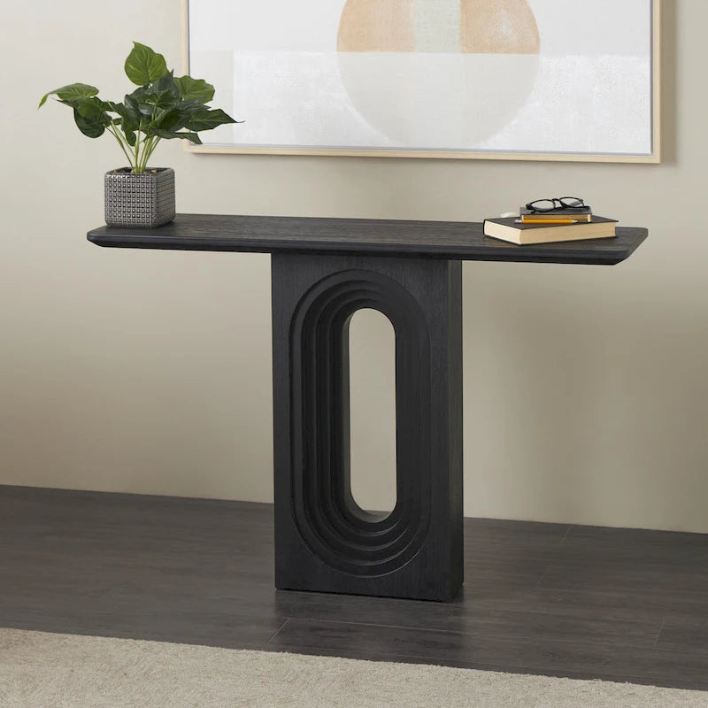 Mesa de consola negra mate con base de pedestal ovalada tallada – Requiere montaje de 1 persona