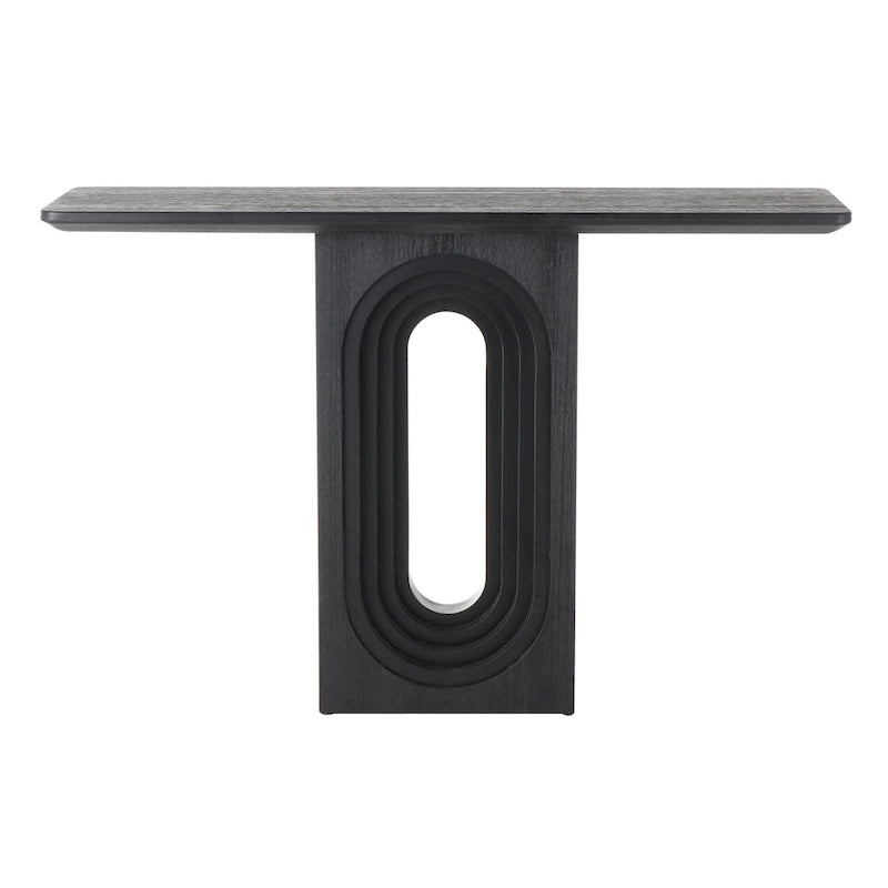 Mesa de consola negra mate con base de pedestal ovalada tallada – Requiere montaje de 1 persona