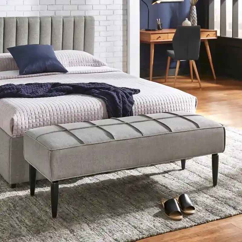 Banco tapizado de lino gris/beige con patas negras, 1 asiento