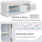 Banco de Almacenamiento Blanco/Azul con 4 Puertas, Estantes Ajustables y Cojín Removible – 1 Persona