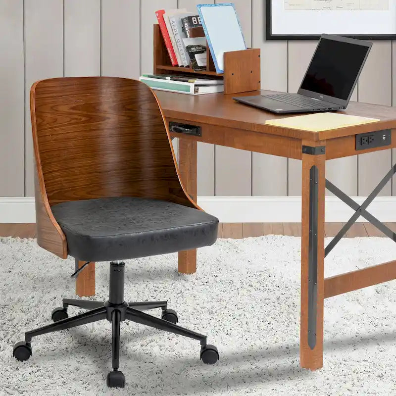 Silla de oficina en casa estilo gerente negra con respaldo de madera, individual