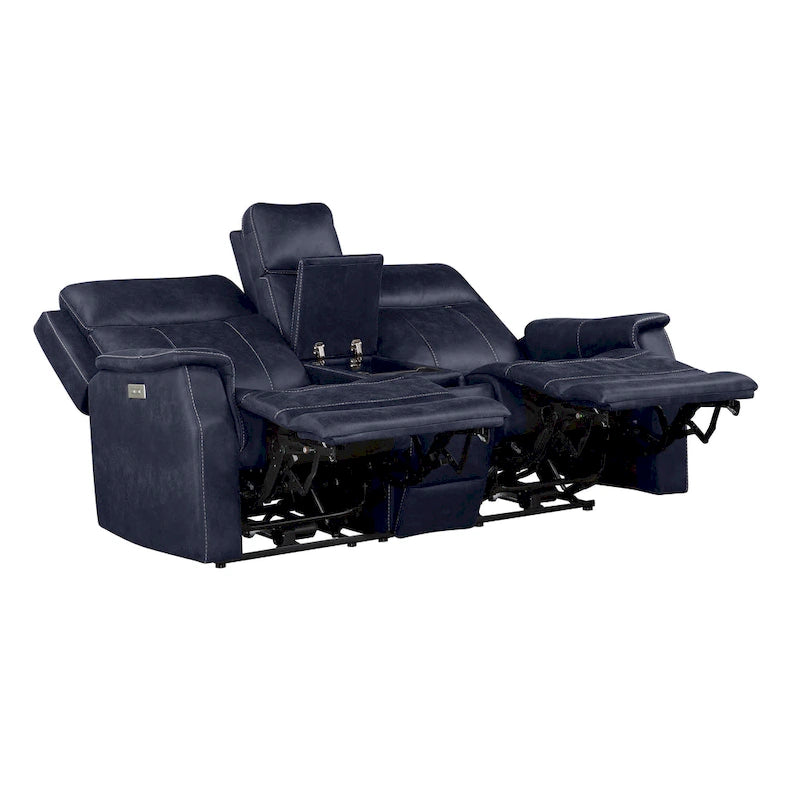 Sofá reclinable eléctrico de dos plazas con consola en piel sintética azul océano/marrón nogal
