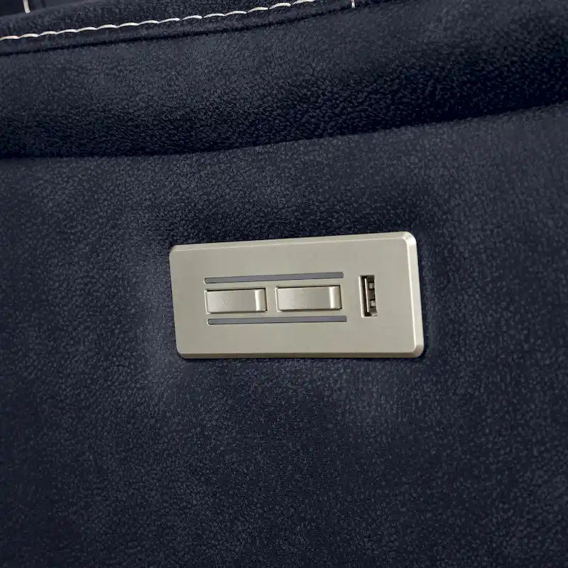 Sofá reclinable eléctrico de dos plazas con consola en piel sintética azul océano/marrón nogal