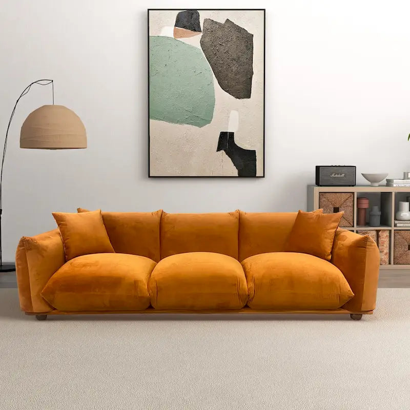 Moca / Crema / Verde Oliva / Naranja Quemado – Sofá de 3 plazas de terciopelo y bouclé de estilo Mid-Century
