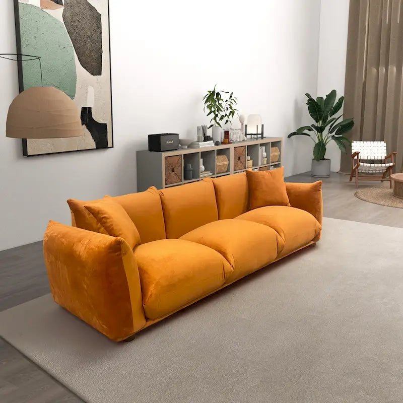 Moca / Crema / Verde Oliva / Naranja Quemado – Sofá de 3 plazas de terciopelo y bouclé de estilo Mid-Century