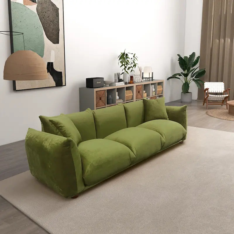 Moca / Crema / Verde Oliva / Naranja Quemado – Sofá de 3 plazas de terciopelo y bouclé de estilo Mid-Century