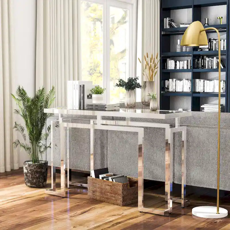 Mesa auxiliar de sofá contemporánea de cristal de 52" cromada/dorada