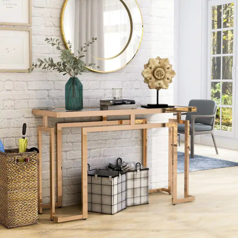 Mesa auxiliar de sofá contemporánea de cristal de 52" cromada/dorada