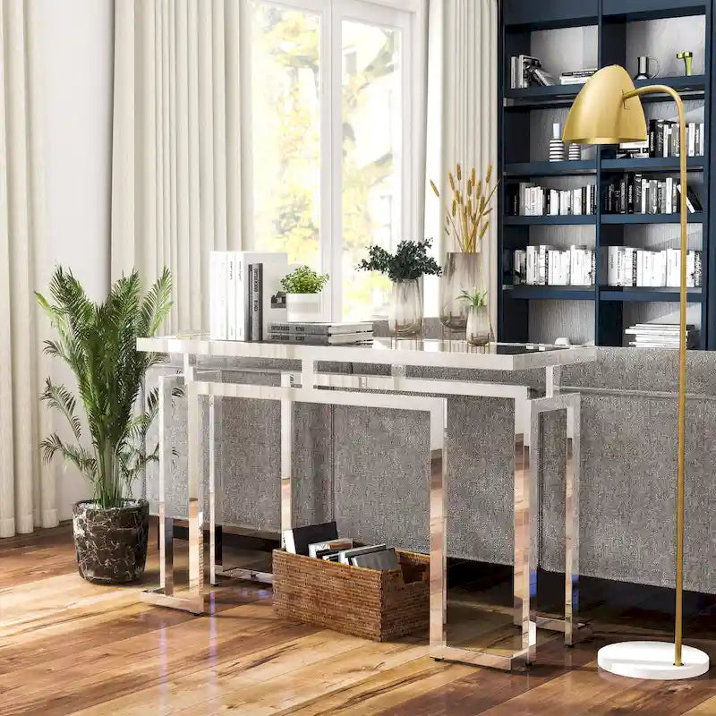 Mesa auxiliar de sofá contemporánea de cristal de 52" cromada/dorada