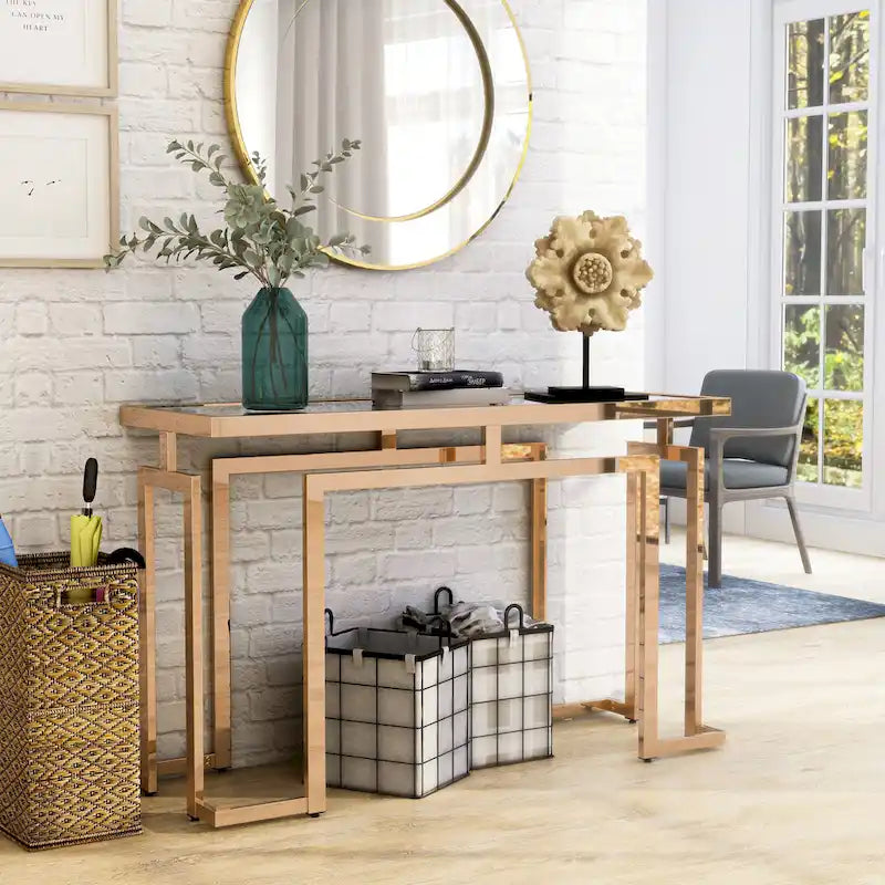Mesa auxiliar de sofá contemporánea de cristal de 52" cromada/dorada