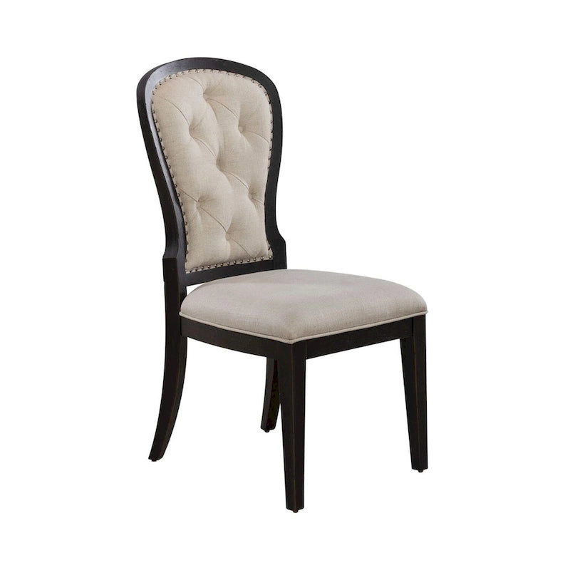 Silla auxiliar tapizada con respaldo capitoné en negro/gris topo, juego de 2