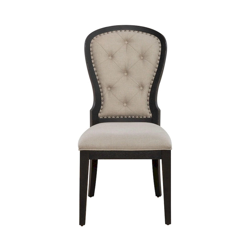 Silla auxiliar tapizada con respaldo capitoné en negro/gris topo, juego de 2