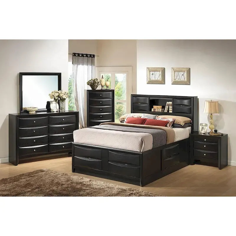 Cama negra con almacenaje y cabecero con estantería, para 1-2 personas