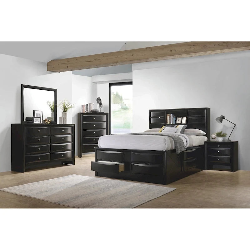 Cama negra con almacenaje y cabecero con estantería, para 1-2 personas