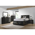Cama negra con almacenaje y cabecero con estantería, para 1-2 personas