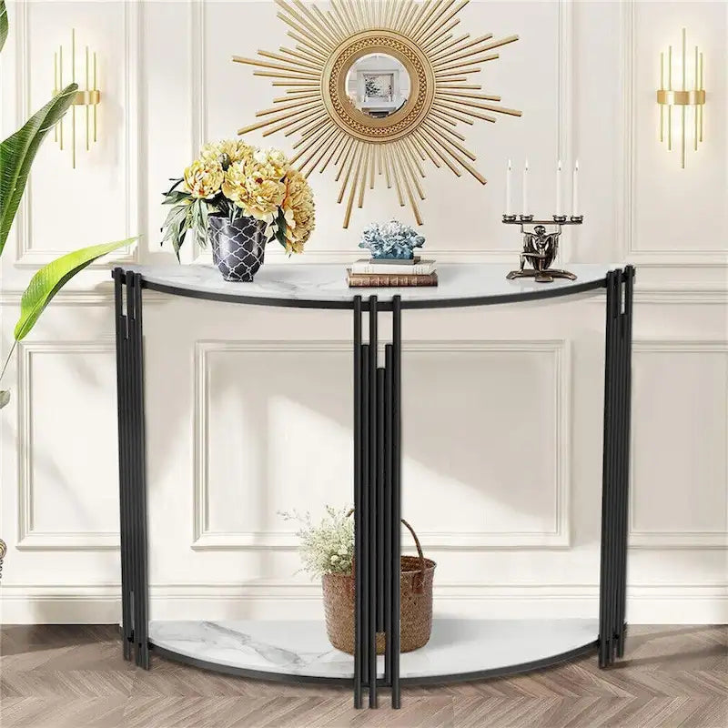 Mesa Consola de Media Luna de Mármol Negro, 2 Niveles, Estructura de Hierro