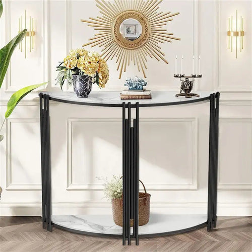 Mesa Consola de Media Luna de Mármol Negro, 2 Niveles, Estructura de Hierro