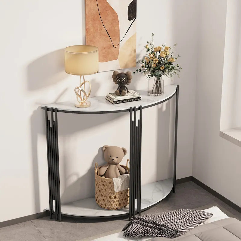 Mesa Consola de Media Luna de Mármol Negro, 2 Niveles, Estructura de Hierro