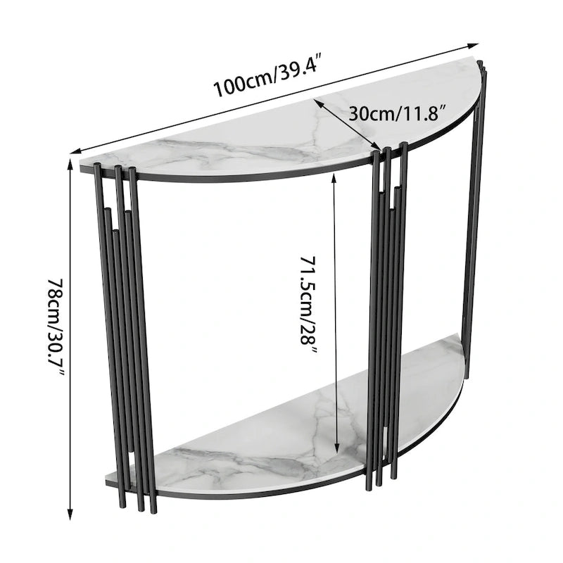Mesa Consola de Media Luna de Mármol Negro, 2 Niveles, Estructura de Hierro