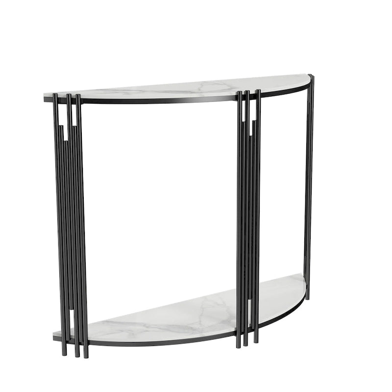 Mesa Consola de Media Luna de Mármol Negro, 2 Niveles, Estructura de Hierro