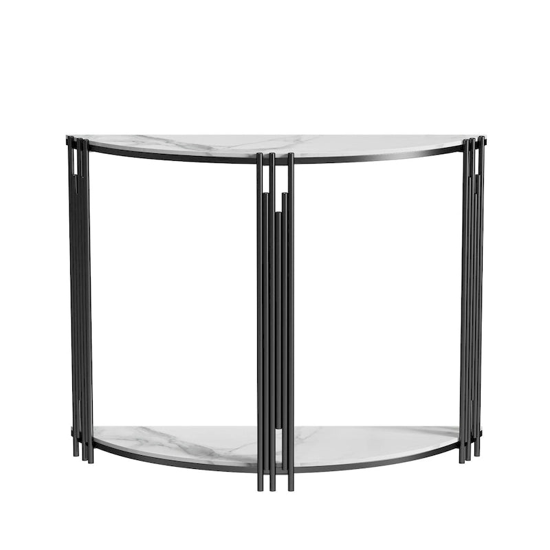 Mesa Consola de Media Luna de Mármol Negro, 2 Niveles, Estructura de Hierro