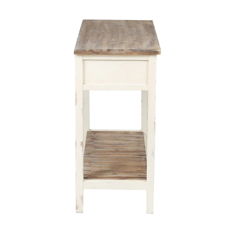 Mesa consola de 2 cajones blanca y marrón, con acabado envejecido, para 1 asiento