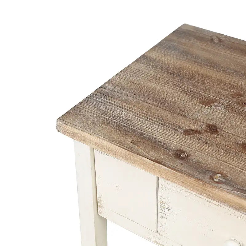 Mesa consola de 2 cajones blanca y marrón, con acabado envejecido, para 1 asiento