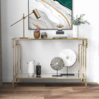 Mesa auxiliar de sofá geométrica color champán con tapa de cristal y estante de espejo, 1 pieza